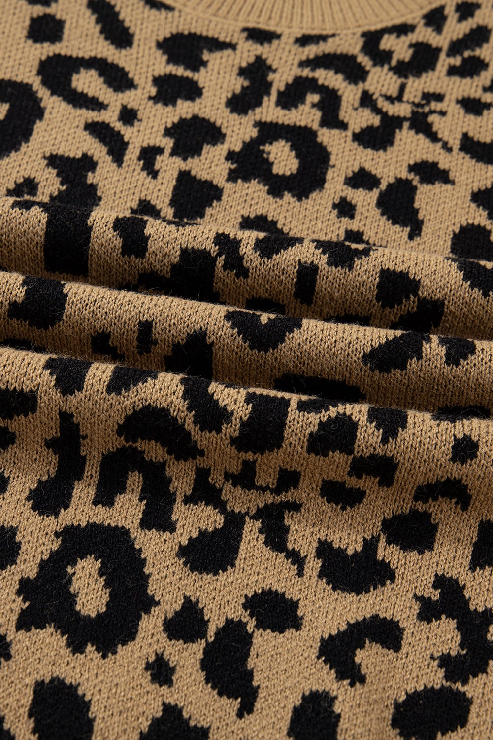 Light French Beige Ribbed Trim Round Neck Leopard Drop Shoulder Sweater