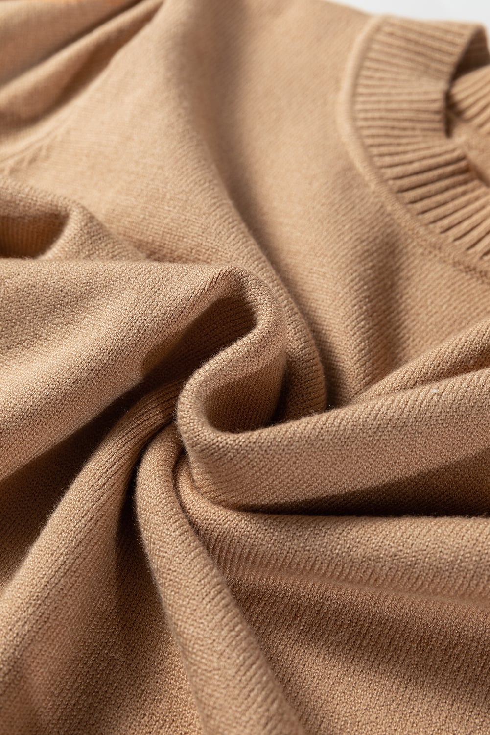 Light French Beige Solid Color Knit Short Puff Sleeve Sweater