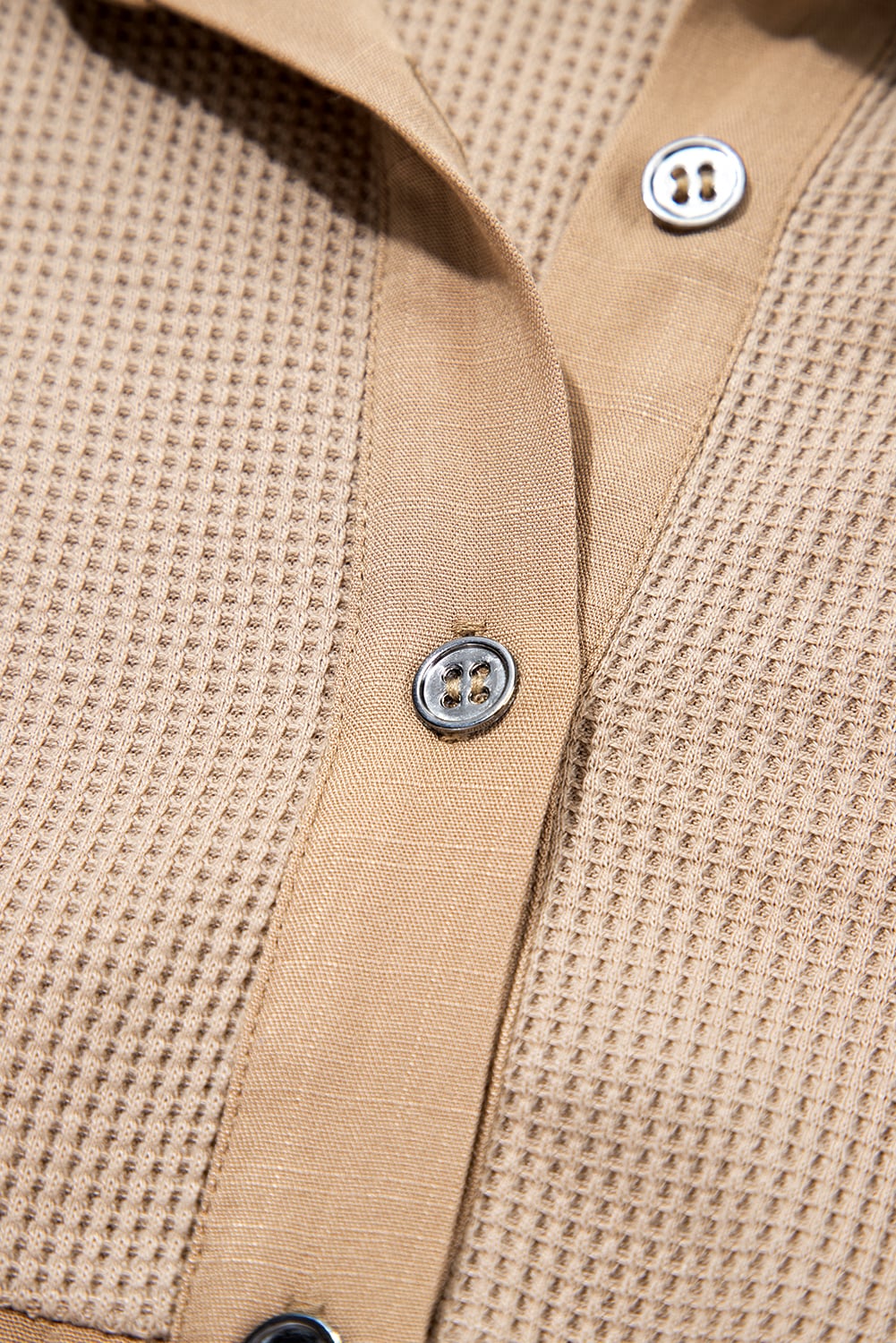 Light French Beige Waffle Patchwork Button Up Frayed Hem Shirt