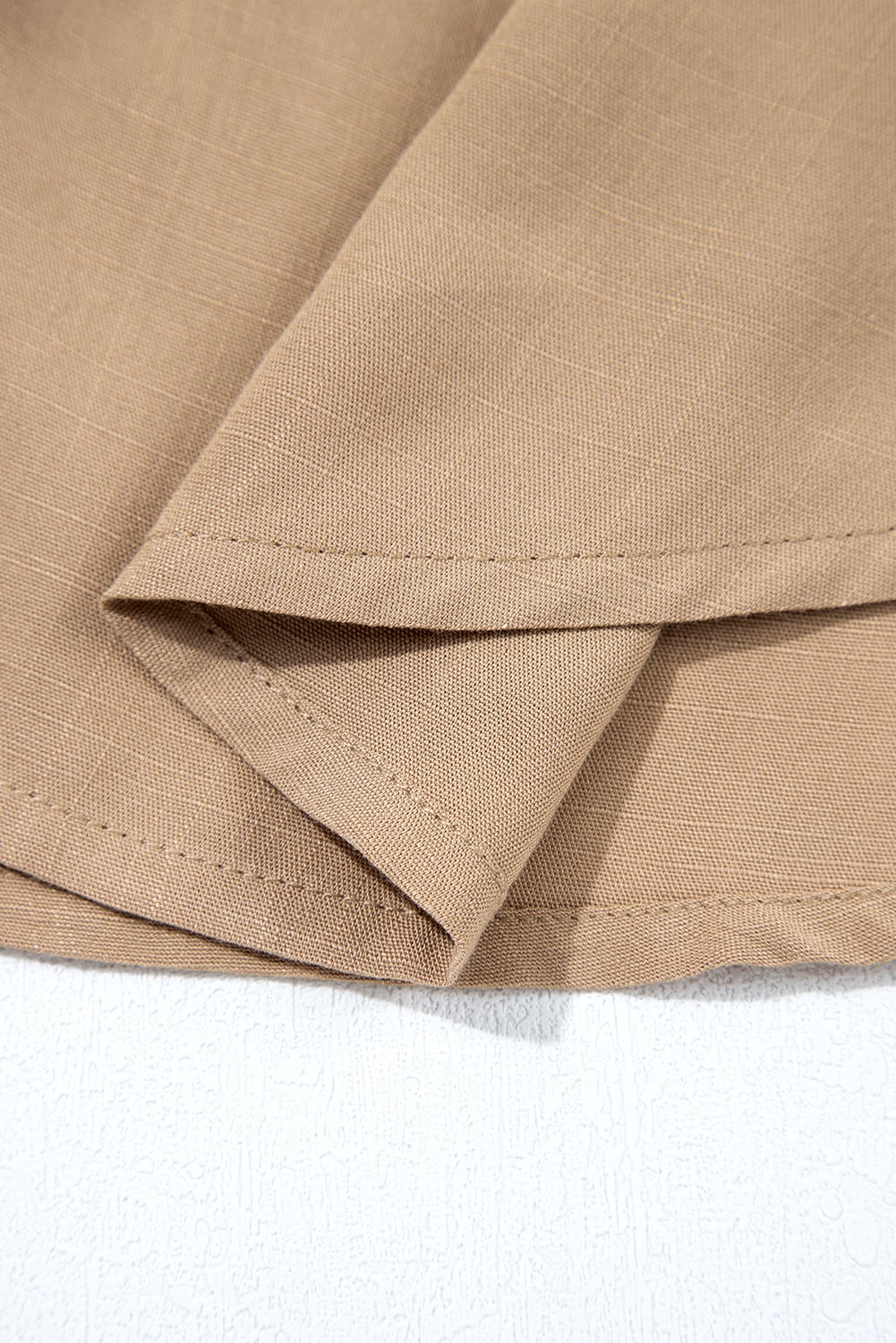 Light French Beige Waffle Patchwork Button Up Frayed Hem Shirt