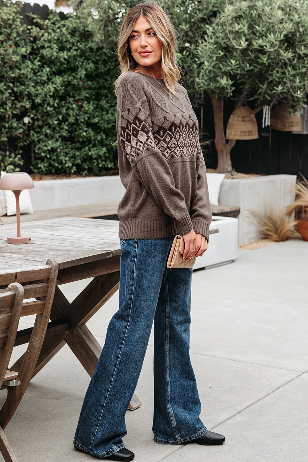 Light French Beige Western Geometric Patterned Crew Neck Knitted Sweater