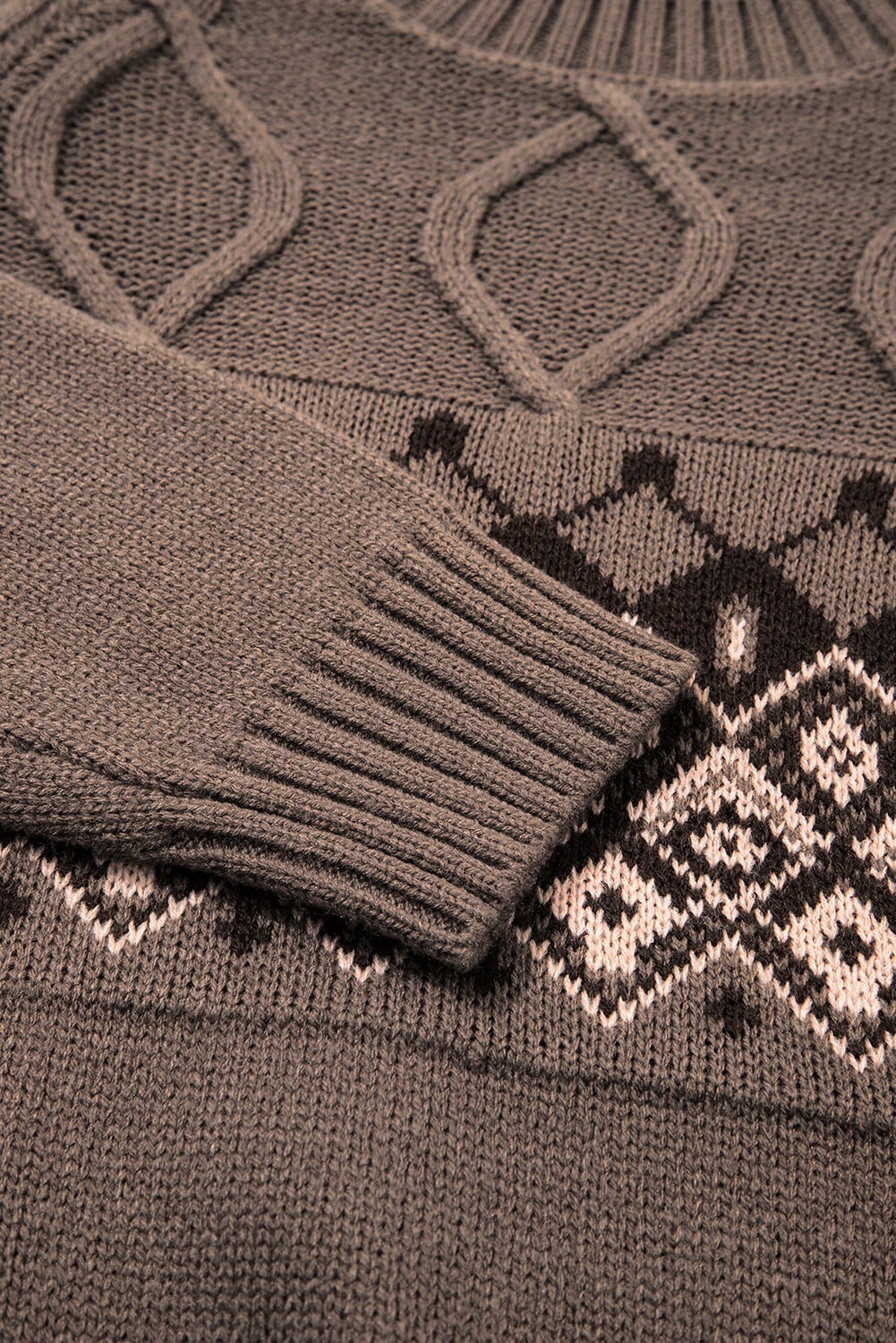 Light French Beige Western Geometric Patterned Crew Neck Knitted Sweater