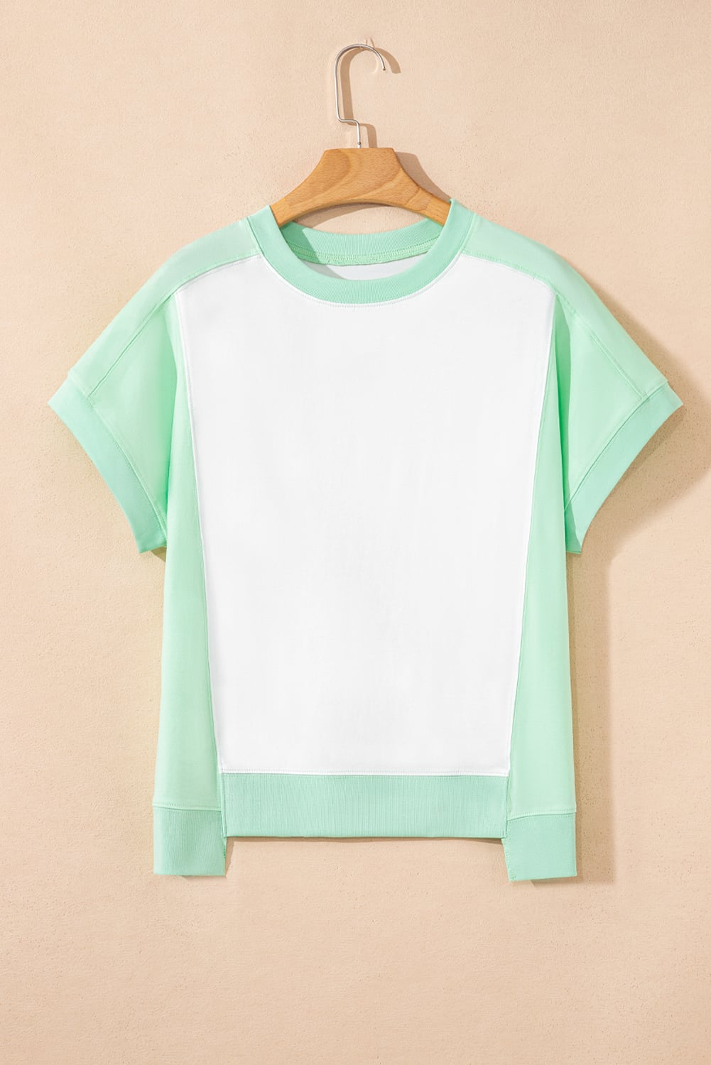 Light Green Color Block Exposed Seam Crew Neck T Shirt