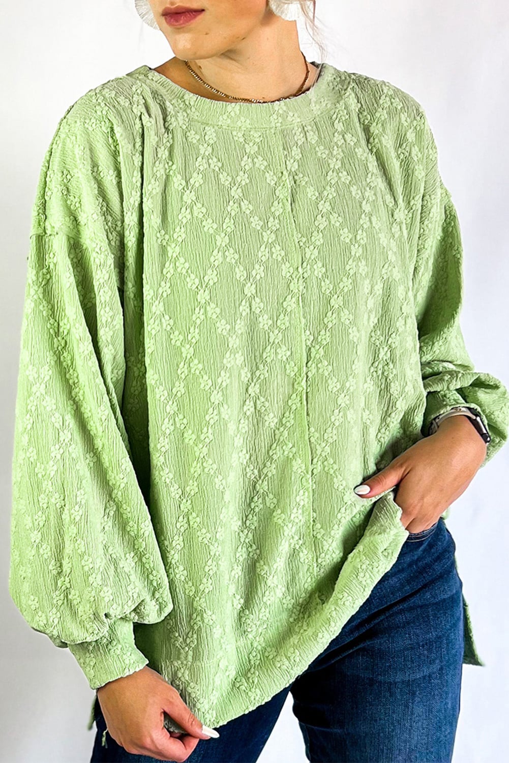 Light Green Solid Color Textured Side Split Crew Neck Top