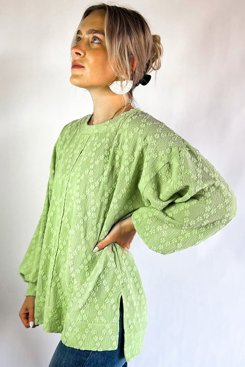 Light Green Solid Color Textured Side Split Crew Neck Top
