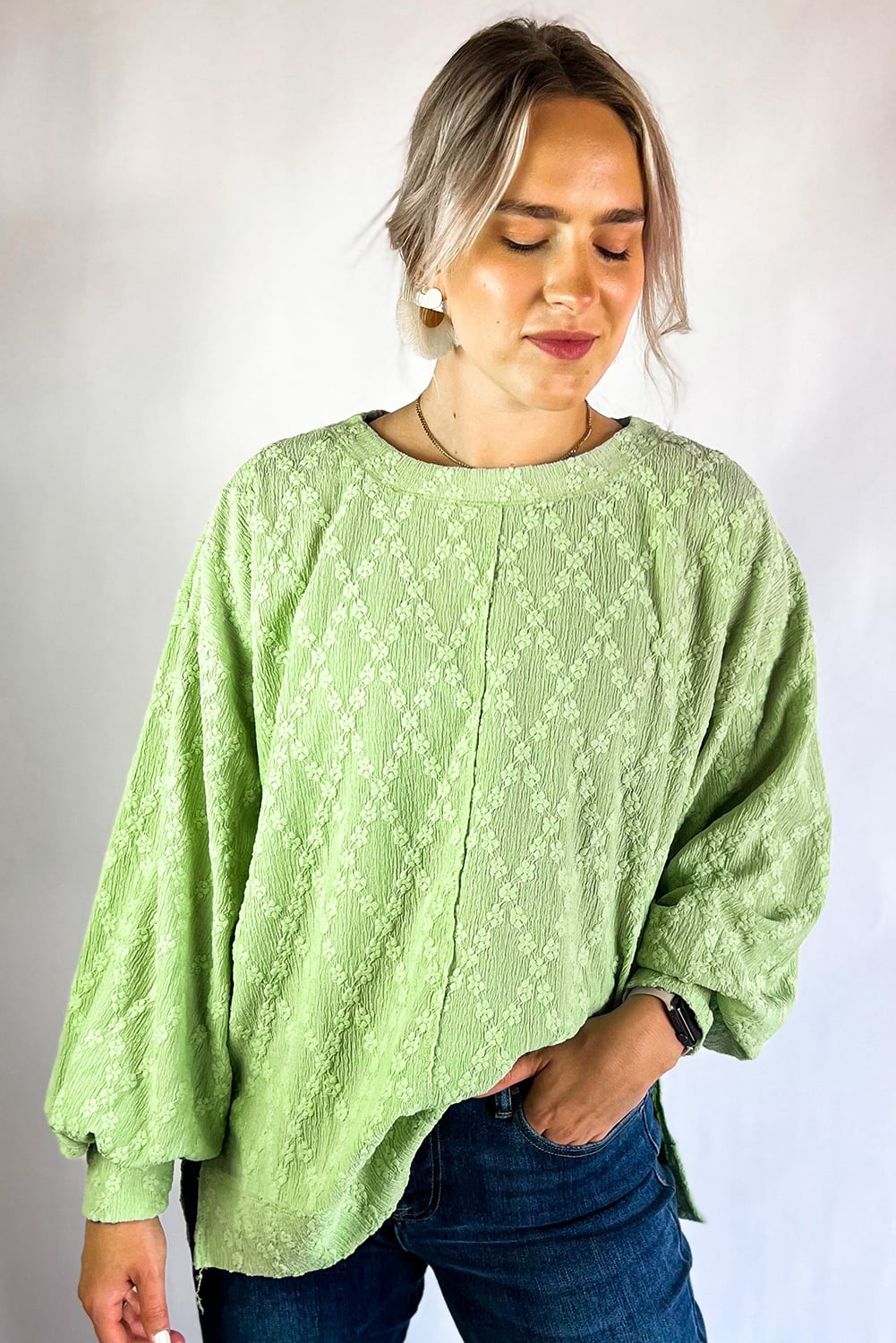 Light Green Solid Color Textured Side Split Crew Neck Top
