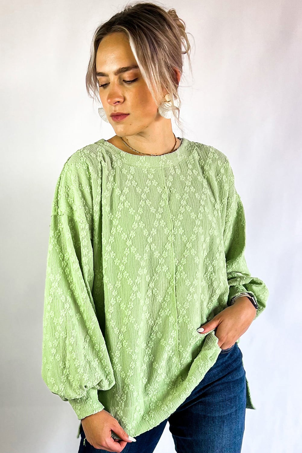 Light Green Solid Color Textured Side Split Crew Neck Top
