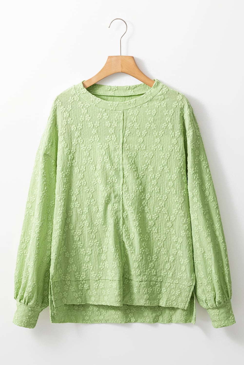 Light Green Solid Color Textured Side Split Crew Neck Top
