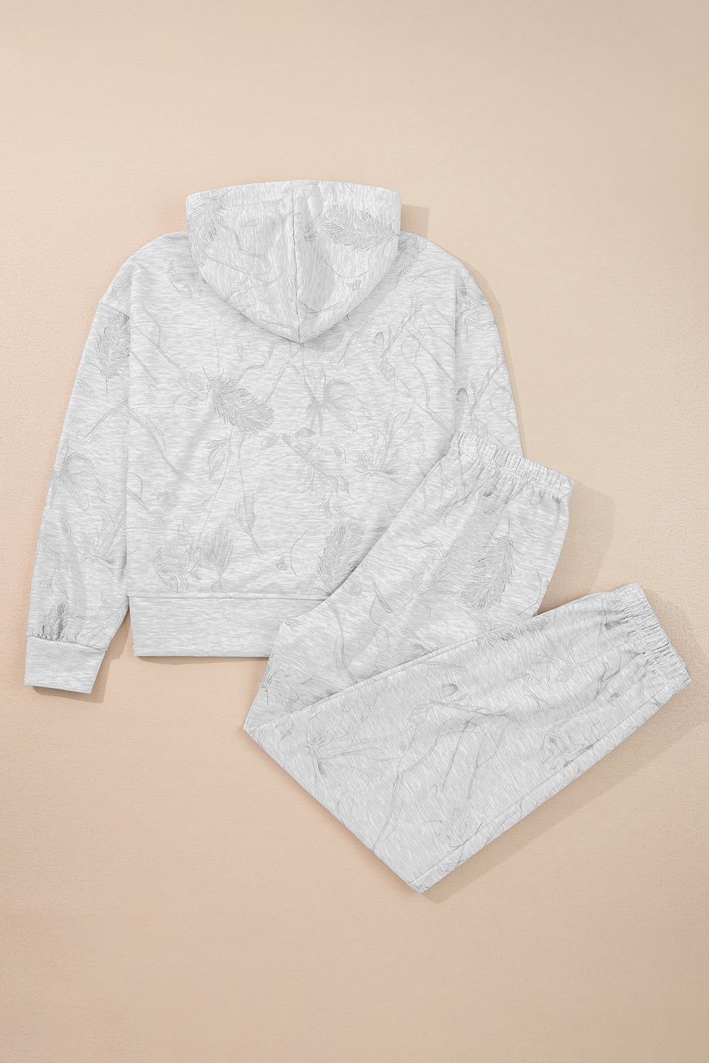 Light Grey Abstract Print Loose Drop Sleeve Hoodie Elastic Waistband 2pcs Pant Set