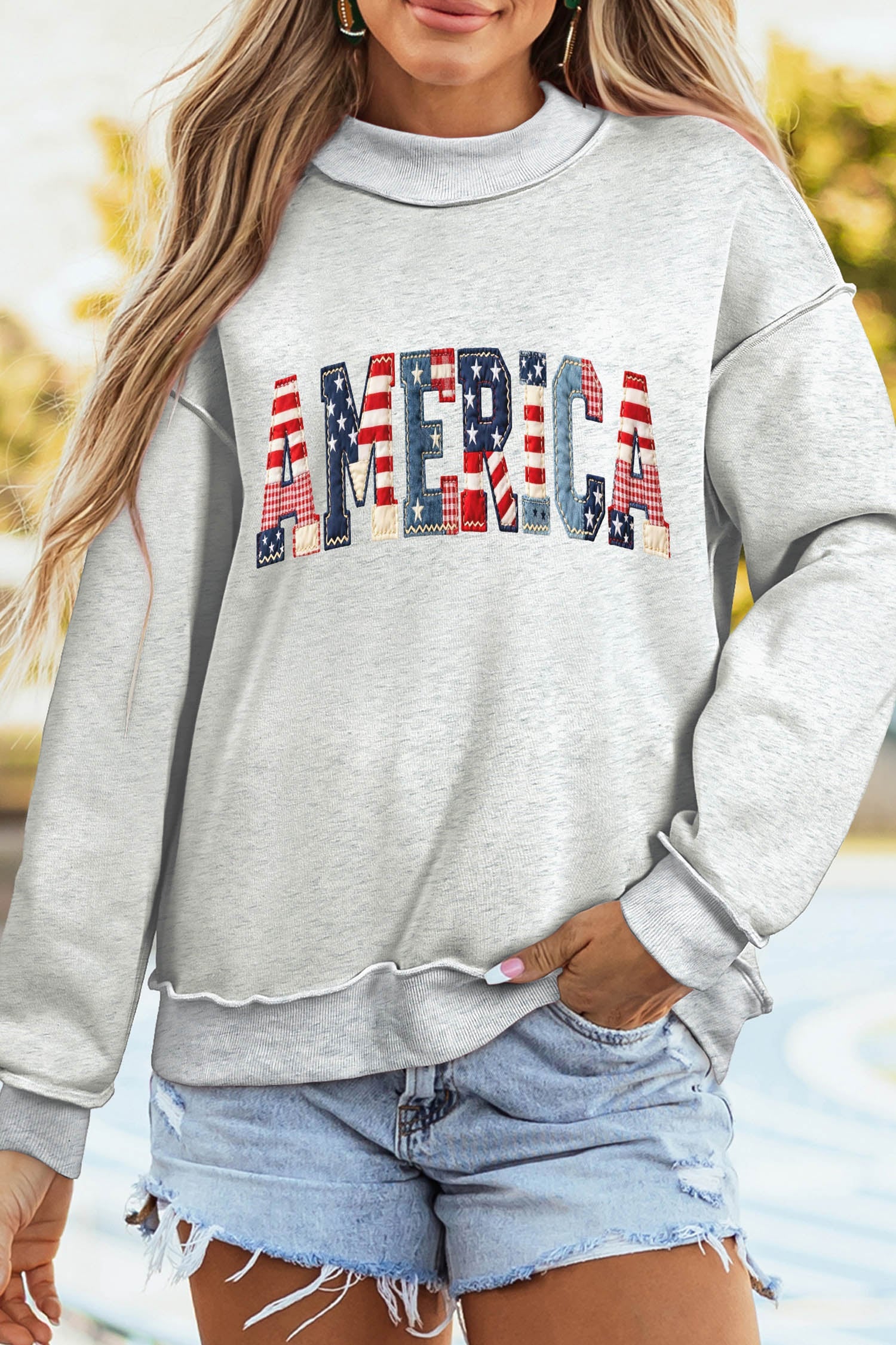 Light Grey AMERICA 1776 Faux Patchwork Print Reversible Mock Neck Sweatshirt