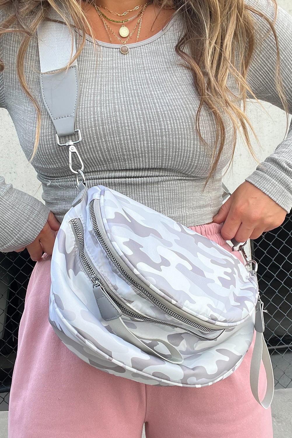 Light Grey Abstract/ Camouflage/ Polka Dot/ Leopard Print Double Zip Fashion Crossbody Bag