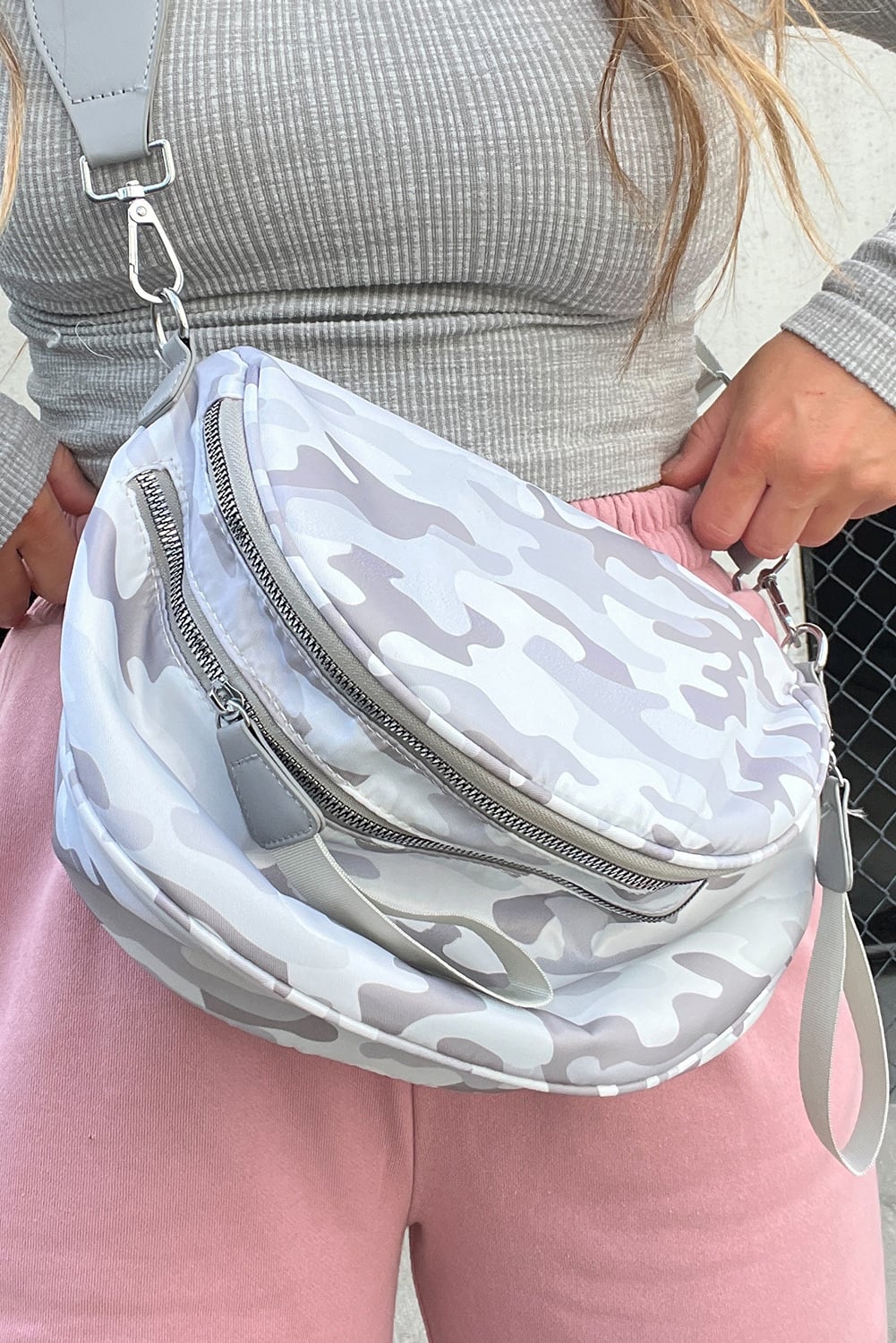 Light Grey Abstract/ Camouflage/ Polka Dot/ Leopard Print Double Zip Fashion Crossbody Bag