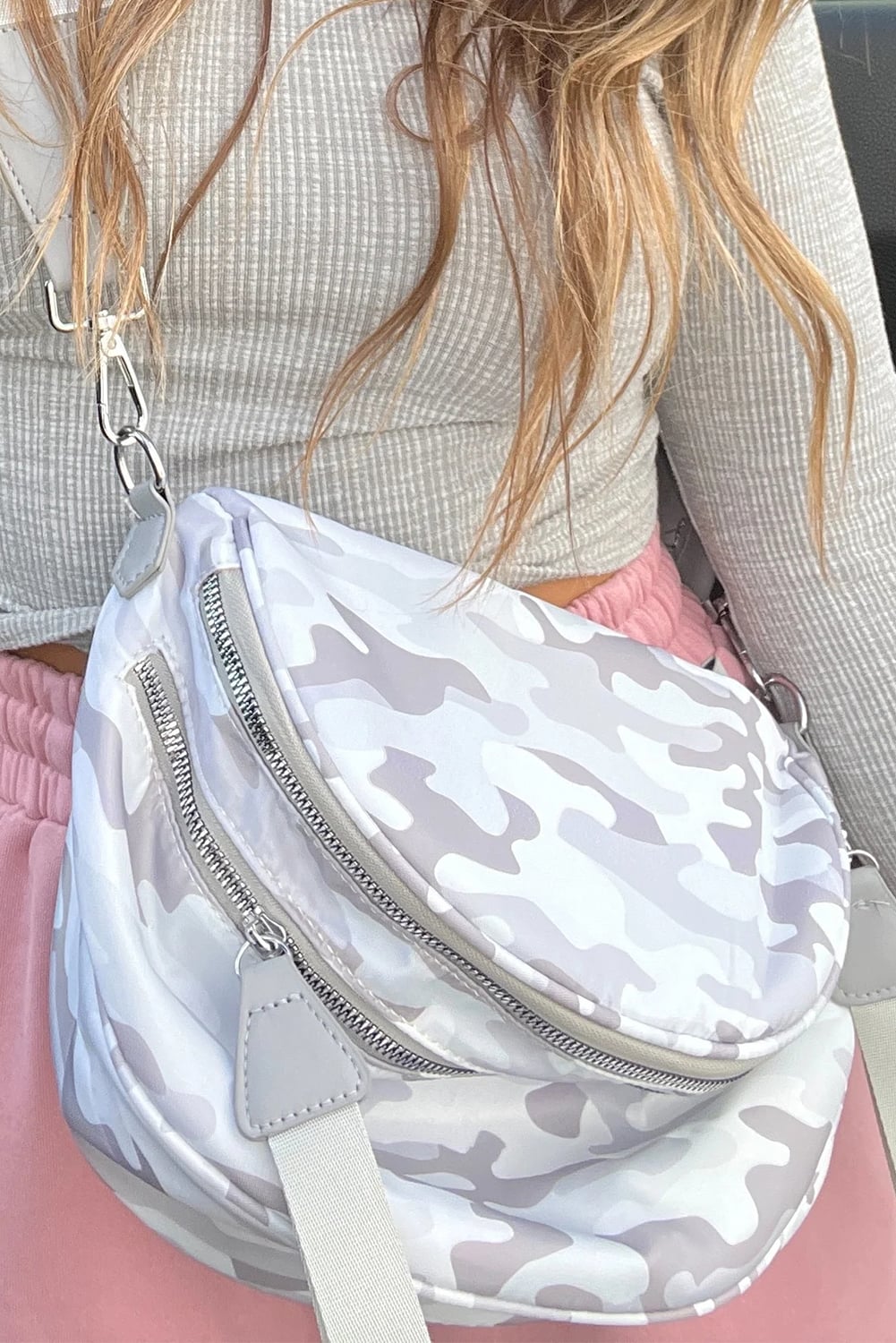 Light Grey Abstract/ Camouflage/ Polka Dot/ Leopard Print Double Zip Fashion Crossbody Bag