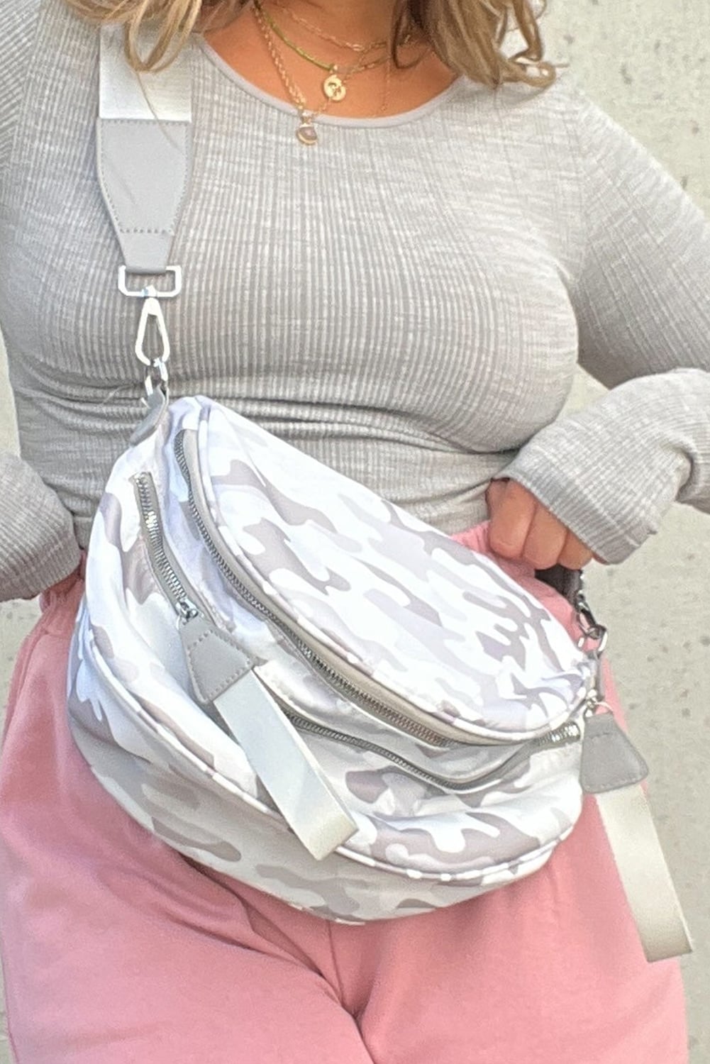 Light Grey Abstract/ Camouflage/ Polka Dot/ Leopard Print Double Zip Fashion Crossbody Bag