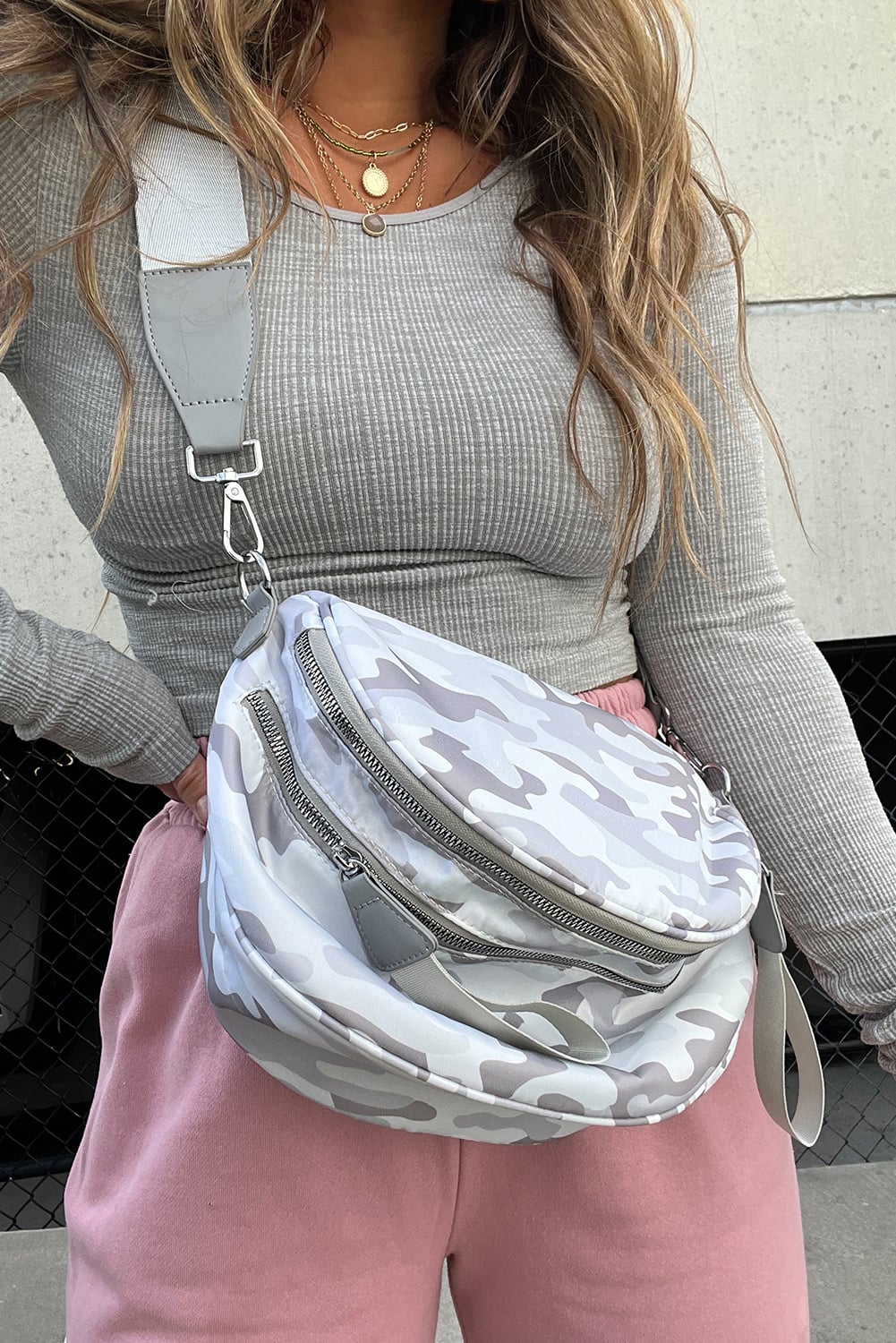 Light Grey Abstract/ Camouflage/ Polka Dot/ Leopard Print Double Zip Fashion Crossbody Bag