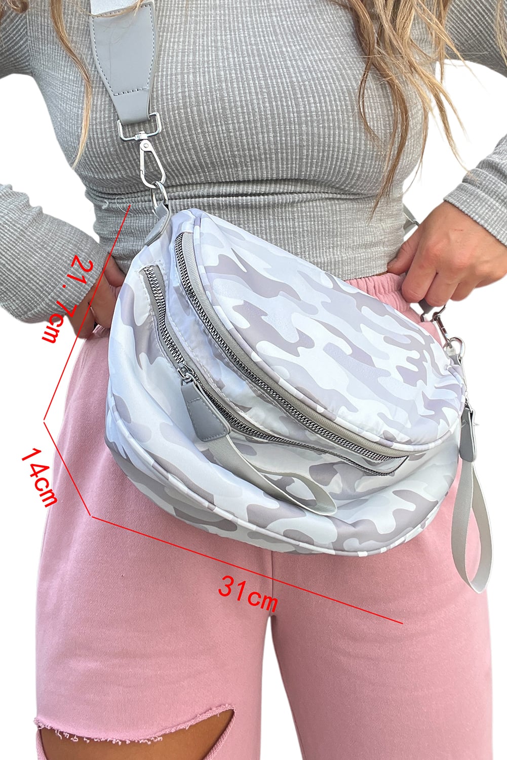 Light Grey Abstract/ Camouflage/ Polka Dot/ Leopard Print Double Zip Fashion Crossbody Bag