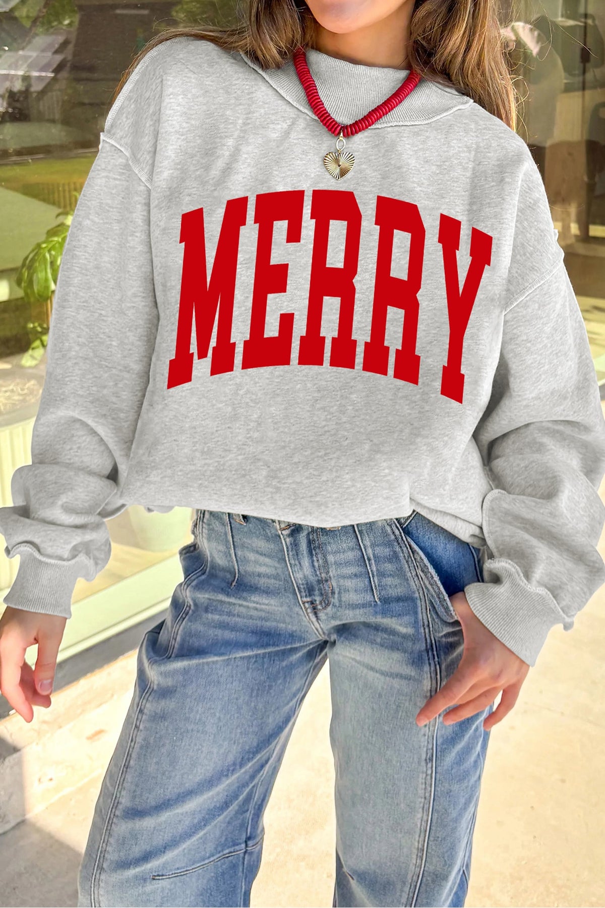 Light Grey Christmas Slogan High Neck Customized Sweatshirt
