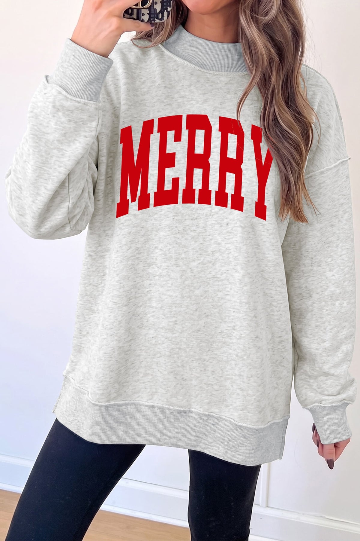 Light Grey Christmas Slogan High Neck Customized Sweatshirt