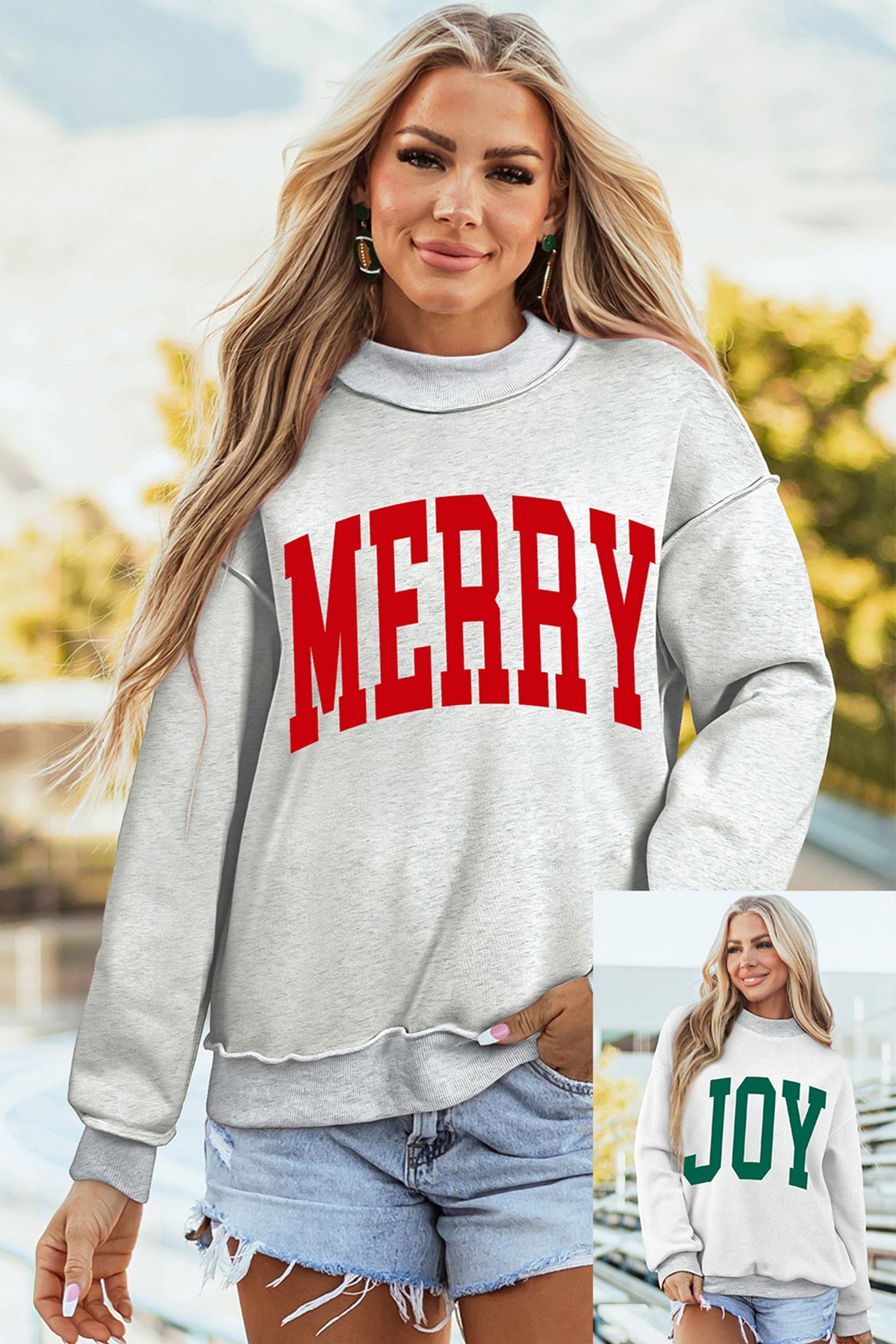 Light Grey Christmas Slogan High Neck Customized Sweatshirt