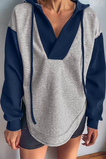 Light Grey Color Block Patchwork V Neck Drawstring Hoodie