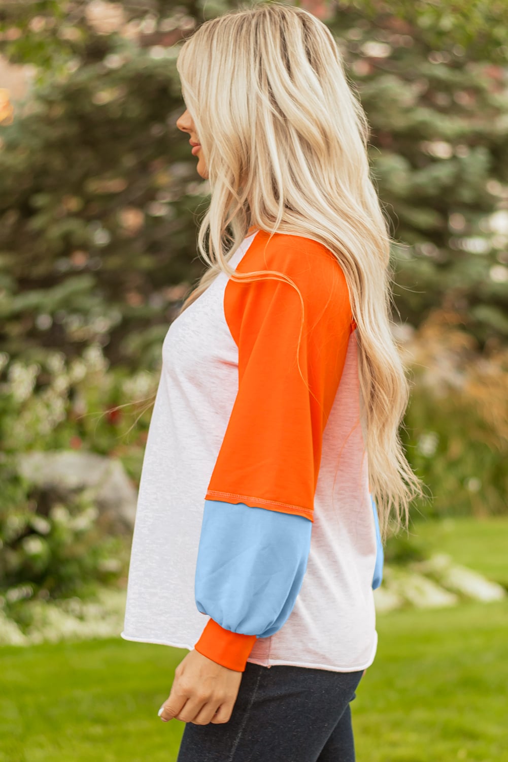 Light Grey Color Block Raglan Sleeve Contrast Stitching Loose Fit Top