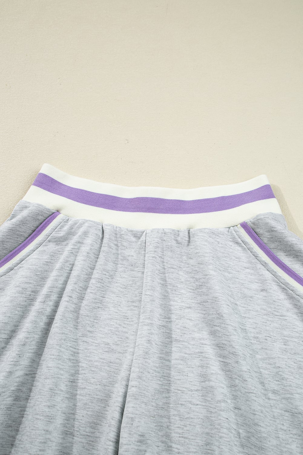 Light Grey Contrast Striped Bands Cropped Pullover and Athletic Short Set