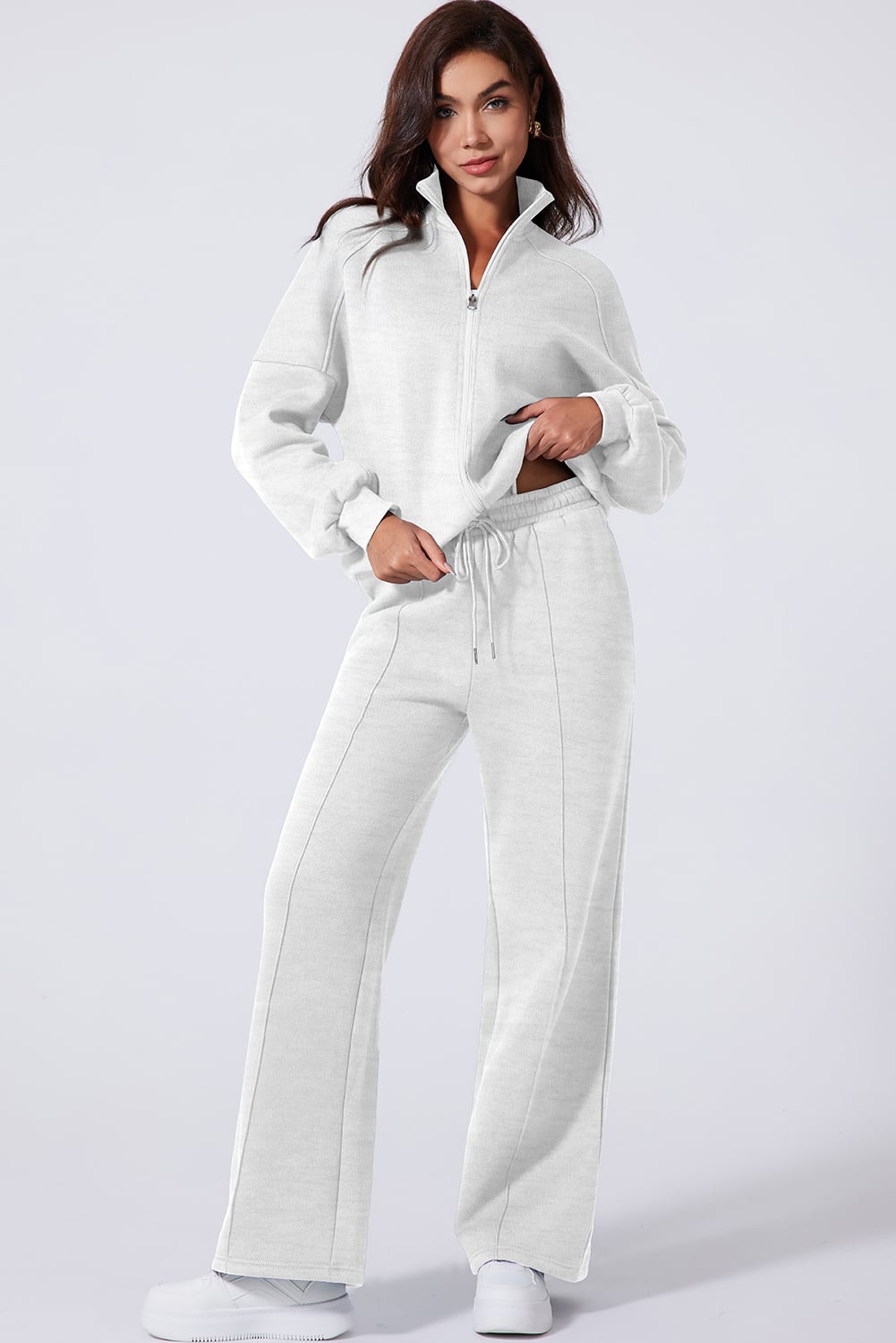 Light Grey Drop Shoulder Zip Up Jacket Drawstring Pants Active 2pcs Set