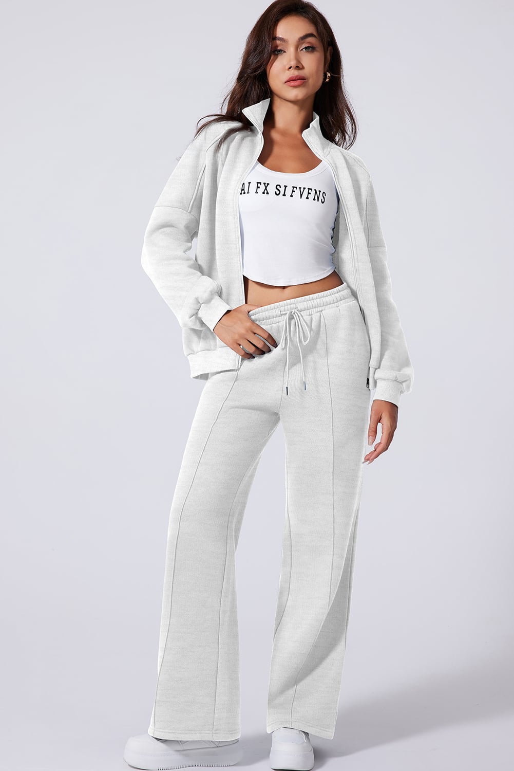 Light Grey Drop Shoulder Zip Up Jacket Drawstring Pants Active 2pcs Set