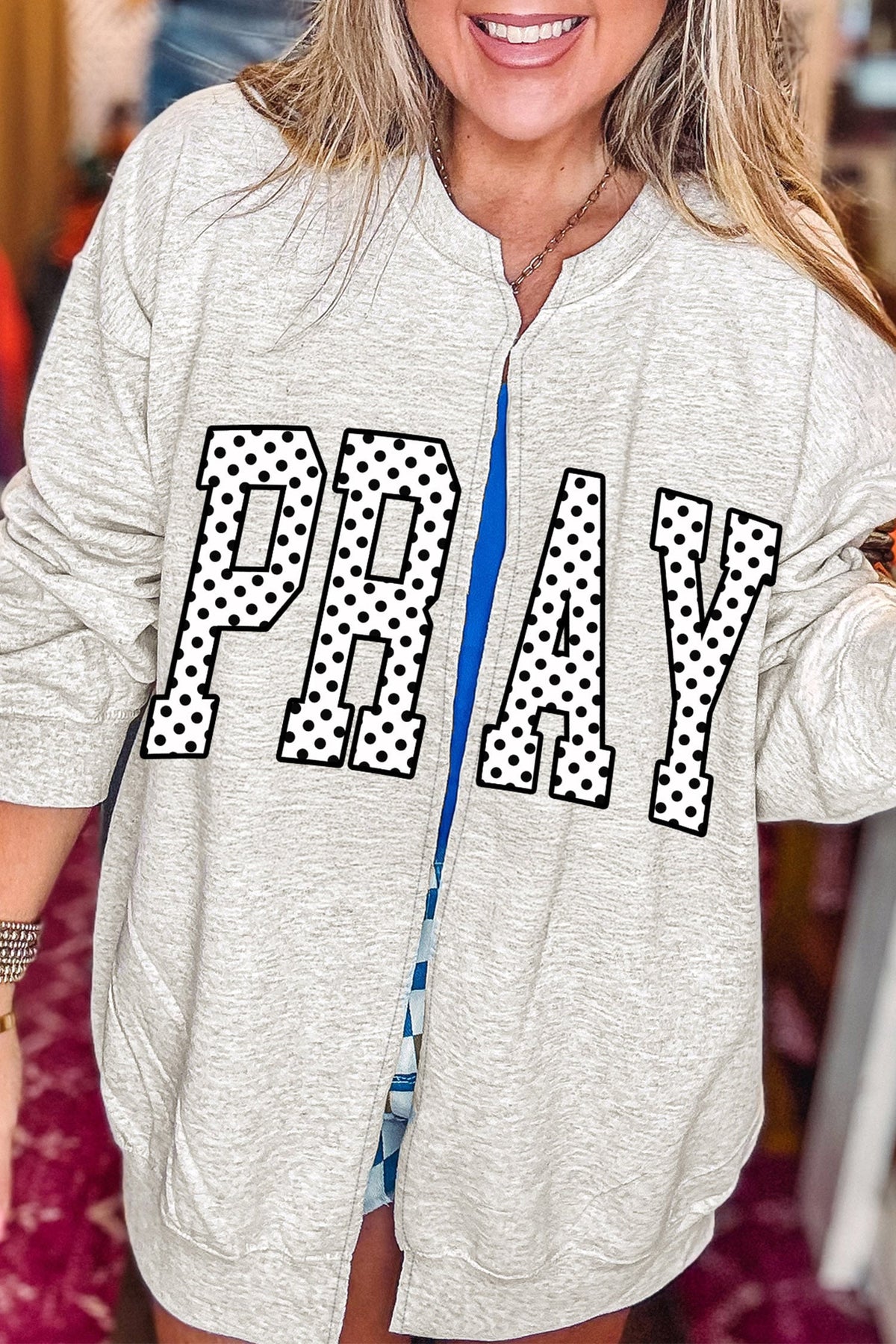 Light Grey Easter Faith Polka Dot Lettering Open Front Casual Sweatshirt