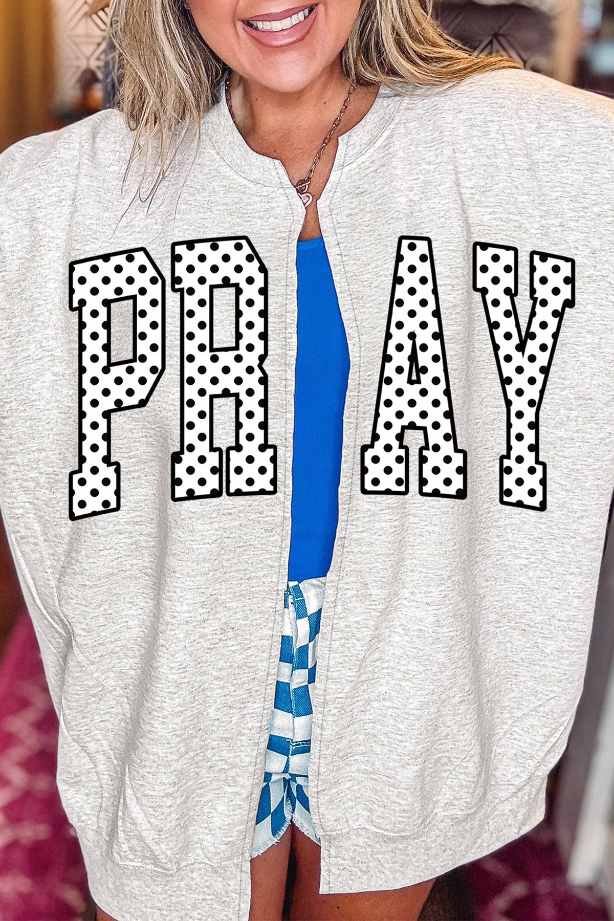 Light Grey Easter Faith Polka Dot Lettering Open Front Casual Sweatshirt