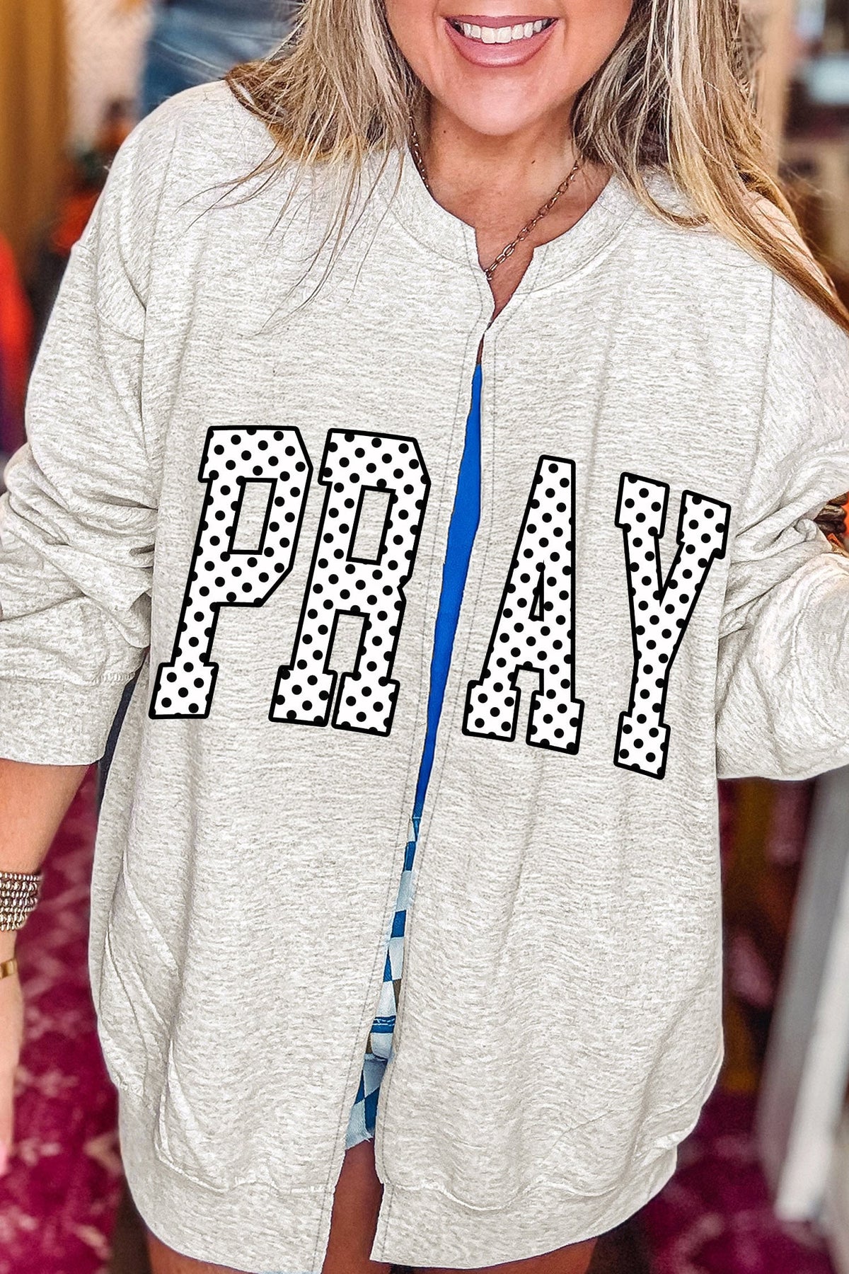 Light Grey Easter Faith Polka Dot Lettering Open Front Casual Sweatshirt