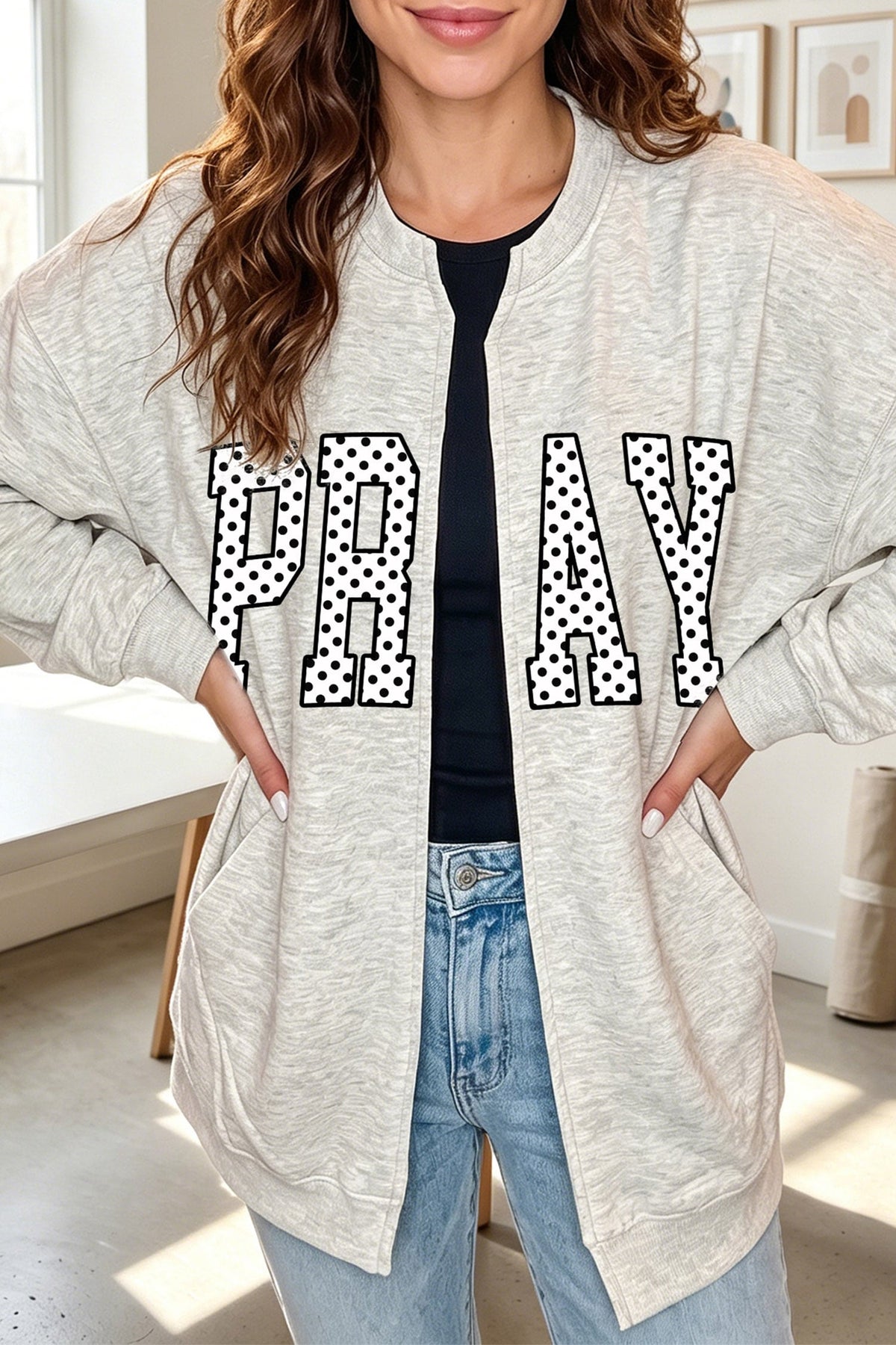 Light Grey Easter Faith Polka Dot Lettering Open Front Casual Sweatshirt