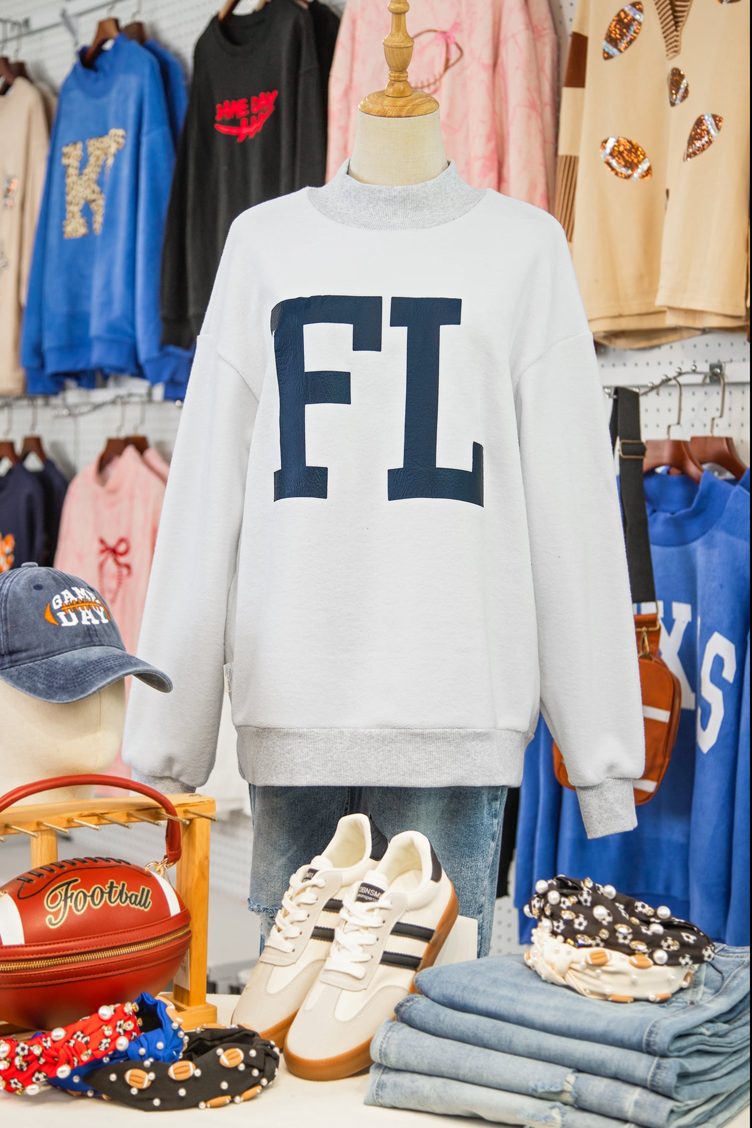 Light Grey FL FLORIDA Double Side Printed Mock Neck Reversible Sweatshirt