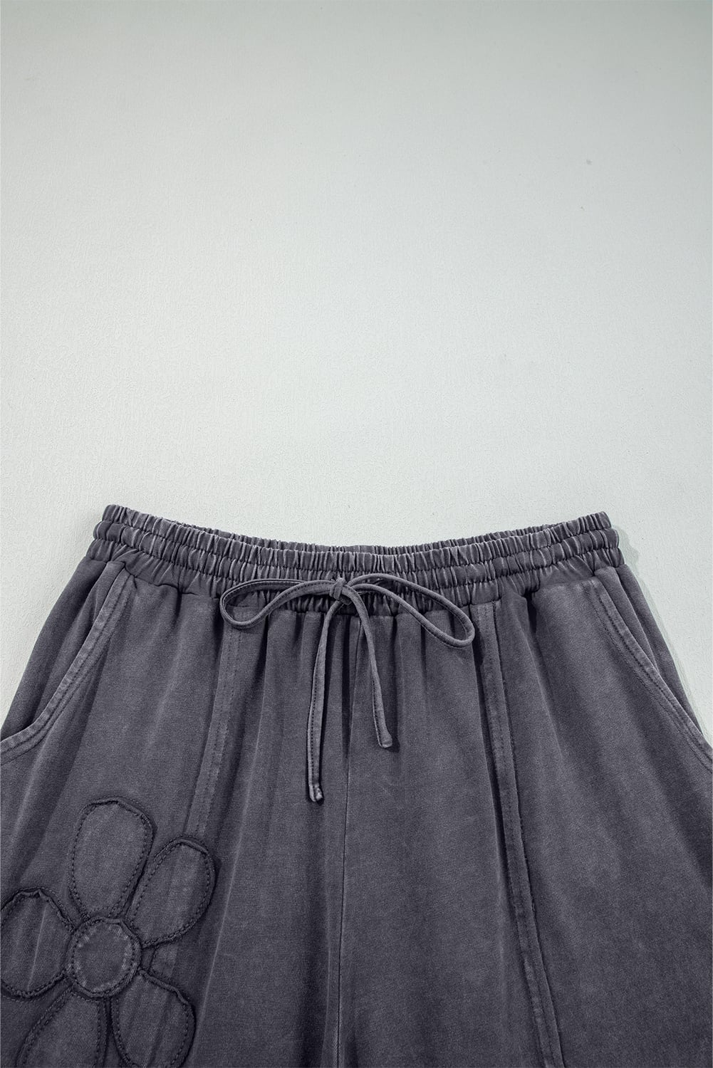 Light Grey Flower Patch Mineral Washed Terry Knit Cropped Wide Leg Pants