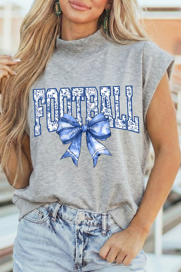 Light Grey Football Bow Game Day Graphic High Neck Cap Sleeve Top