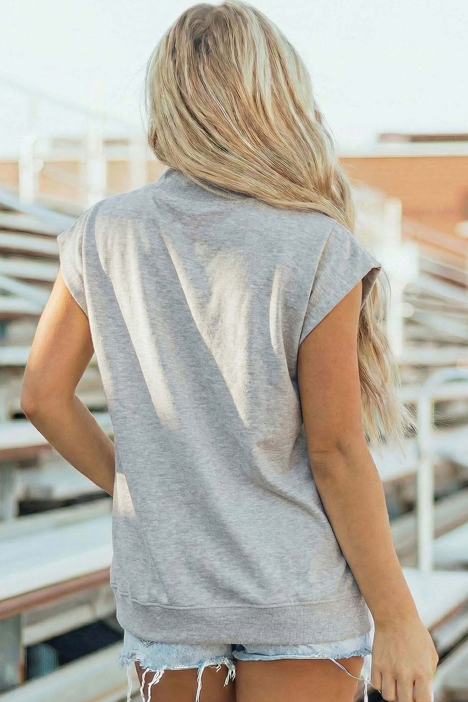 Light Grey Football Bow Game Day Graphic High Neck Cap Sleeve Top