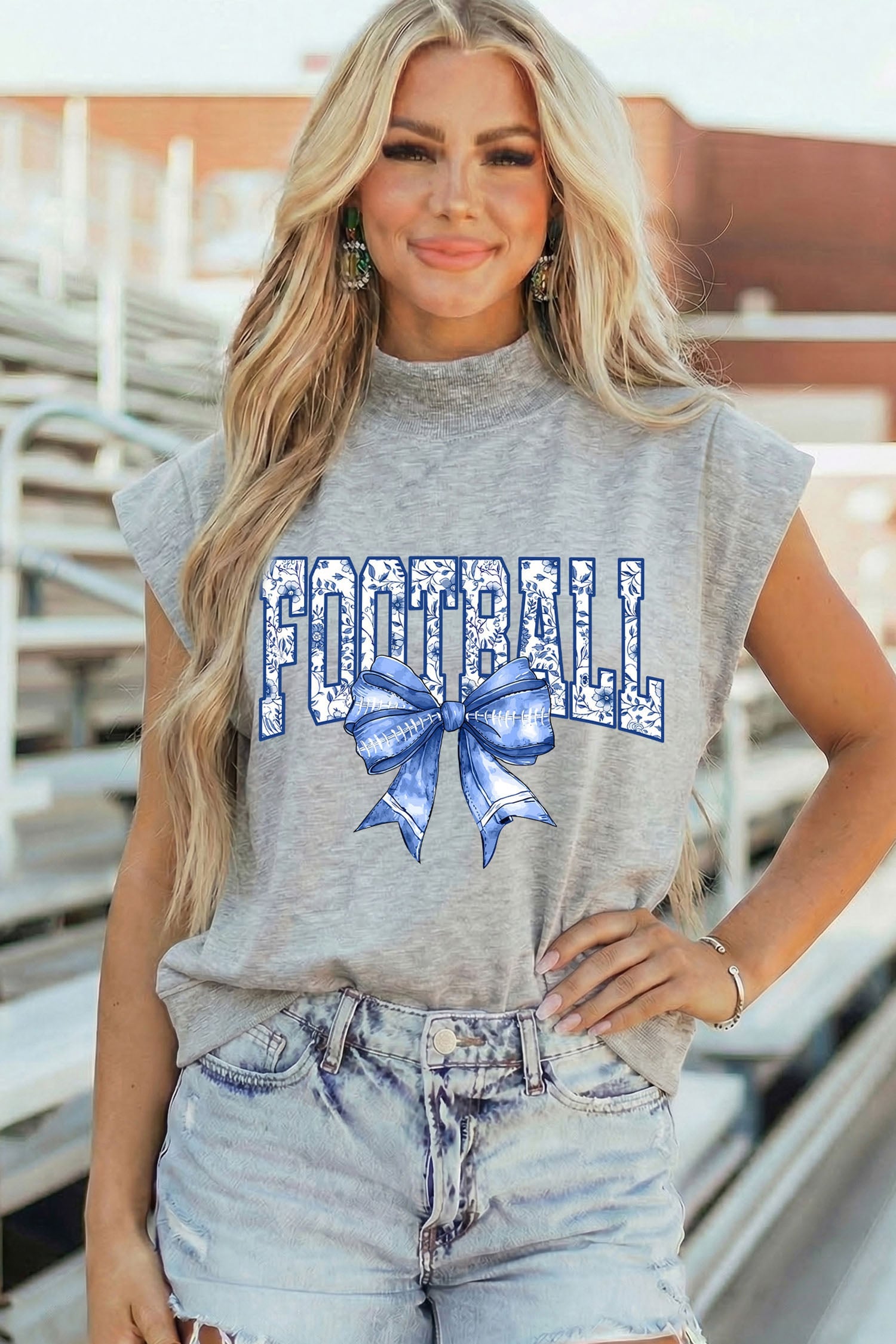 Light Grey Football Bow Game Day Graphic High Neck Cap Sleeve Top