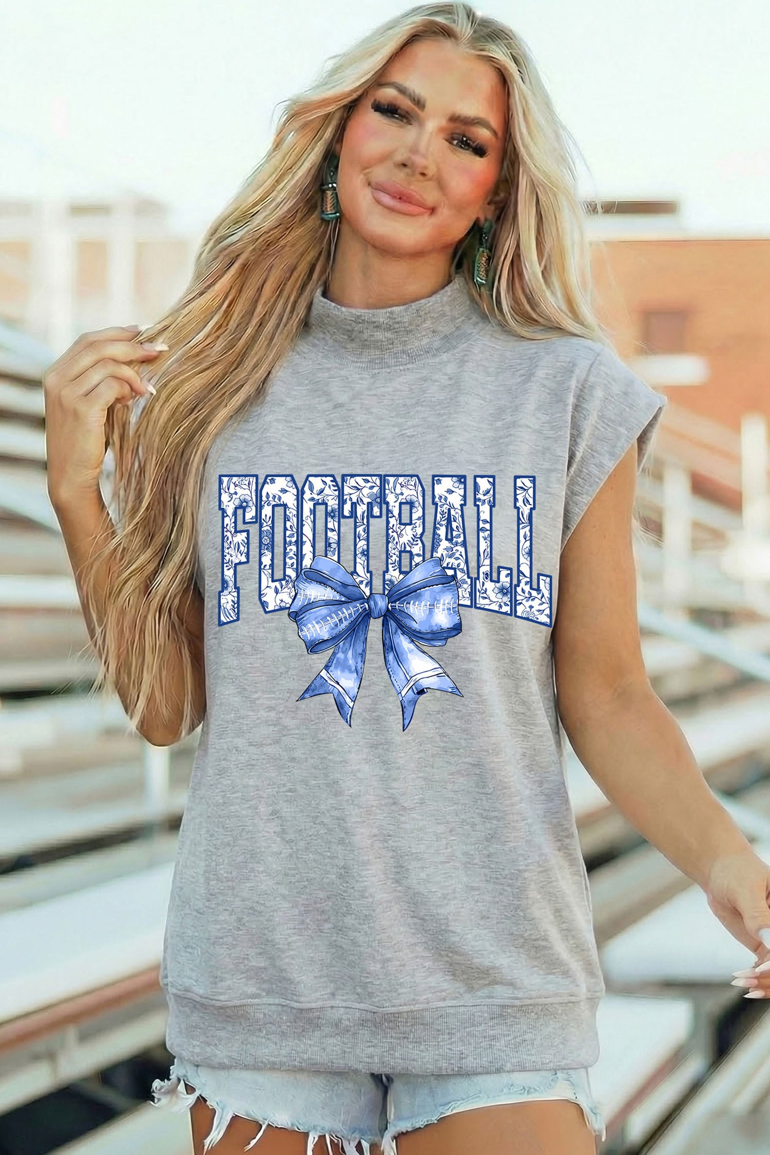 Light Grey Football Bow Game Day Graphic High Neck Cap Sleeve Top