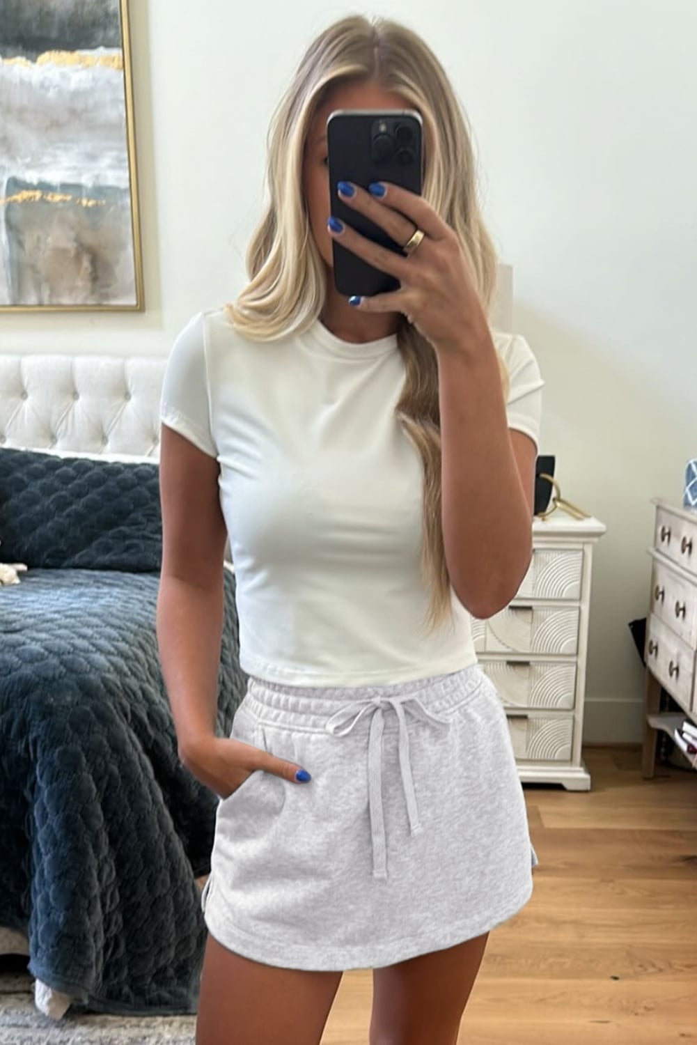 Light Grey French Terry Drawstring Elastic Waistband Mini Skort with Pockets