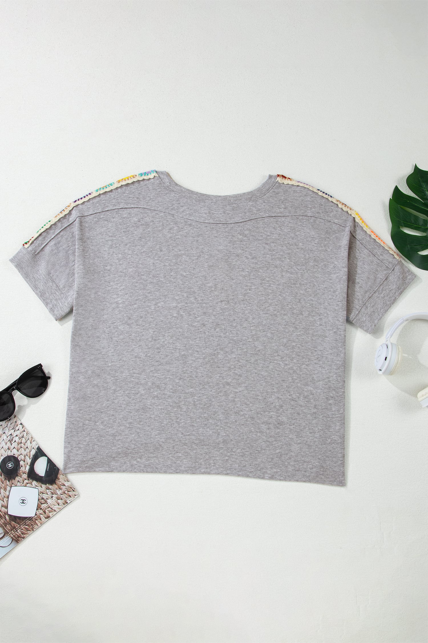 Light Grey Granny Square Crochet Detail Loose T Shirt