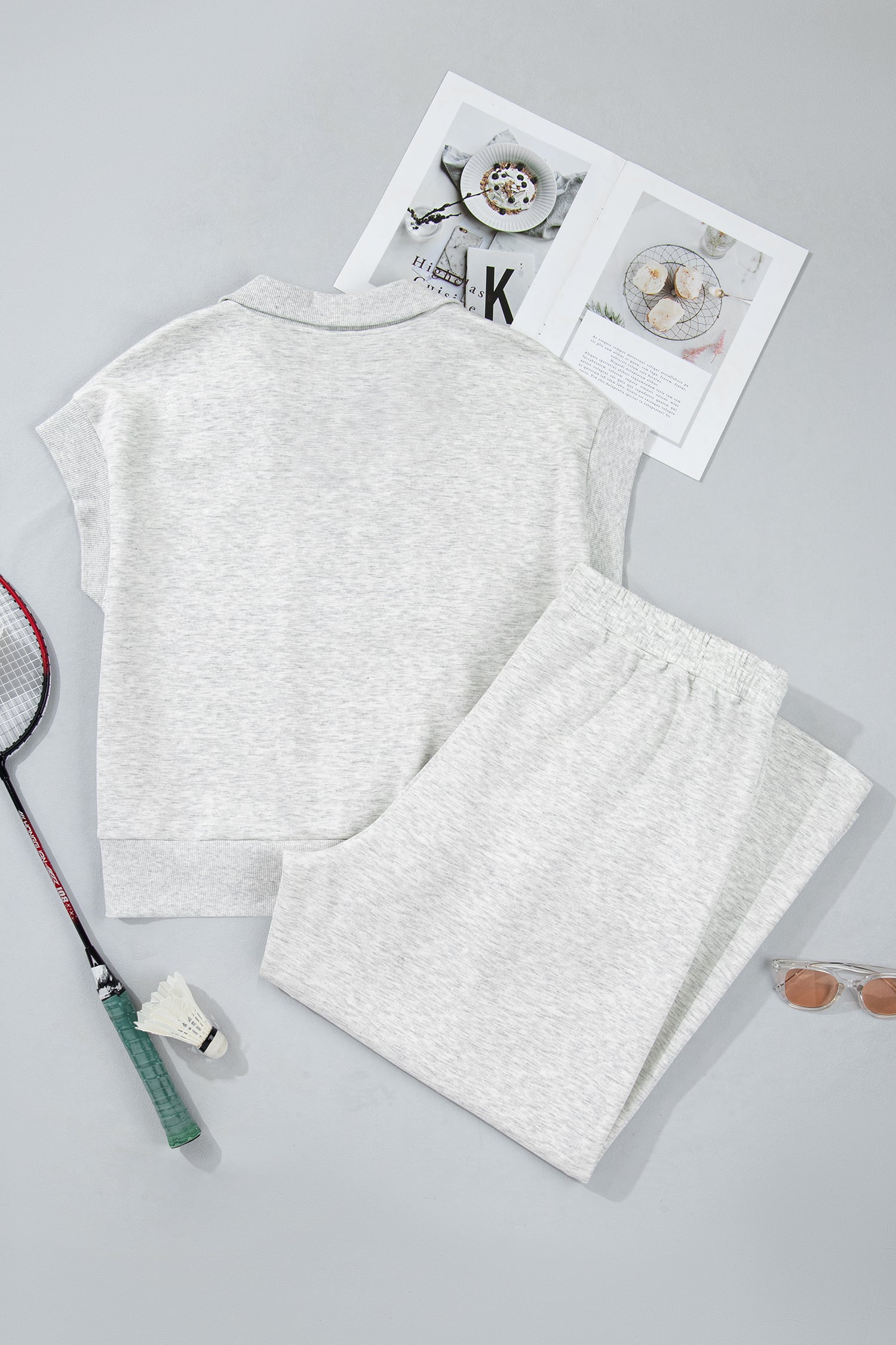 Light Grey Half Zip Polo Tee Loose Pants Plus Size 2pcs Outfit