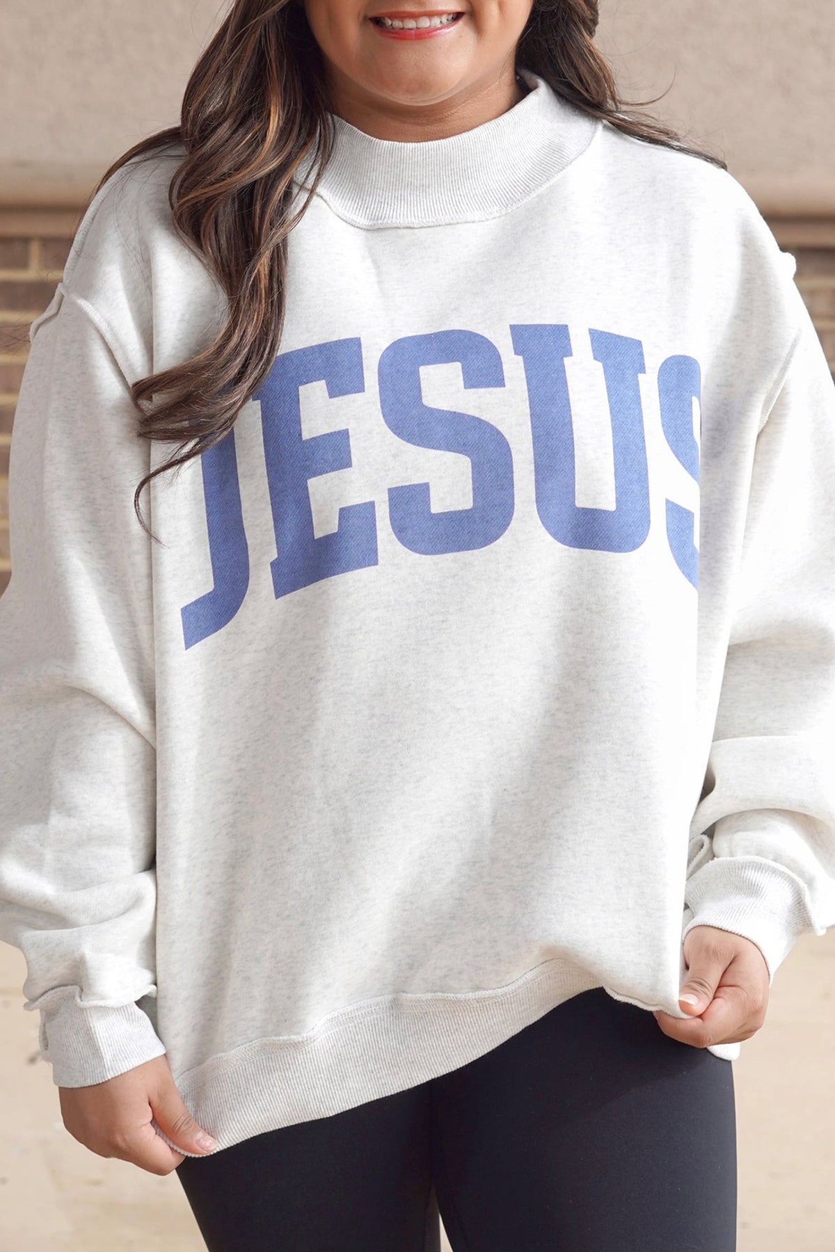 Light Grey Jesus Slogan Stand Neck Long Sleeve Oversized Tunic Plus Size Sweatshirt