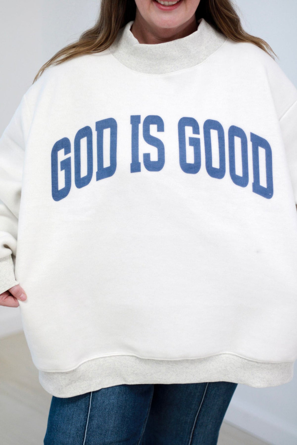 Light Grey Jesus Slogan Stand Neck Long Sleeve Oversized Tunic Plus Size Sweatshirt