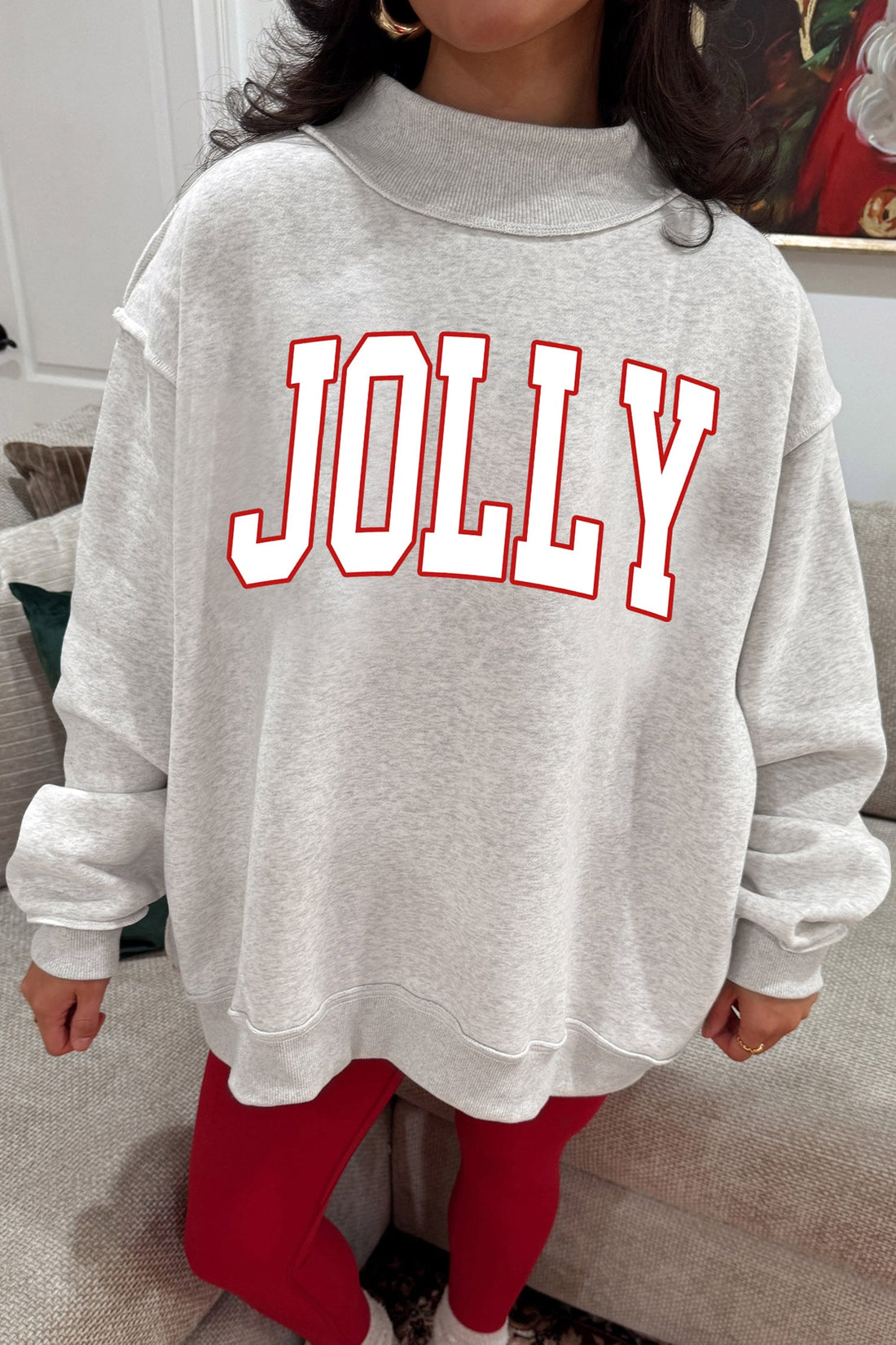 Light Grey JOLLY Letter Graphic Exposed Seam Mock Neck Baggy Sweatshirt