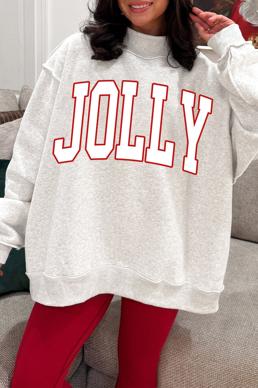 Light Grey JOLLY Letter Graphic Exposed Seam Mock Neck Baggy Sweatshirt
