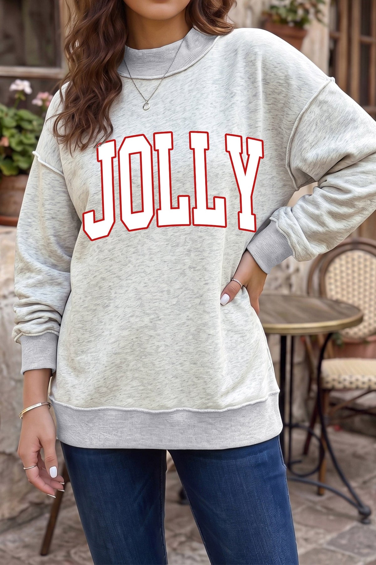 Light Grey JOLLY Letter Graphic Exposed Seam Mock Neck Baggy Sweatshirt