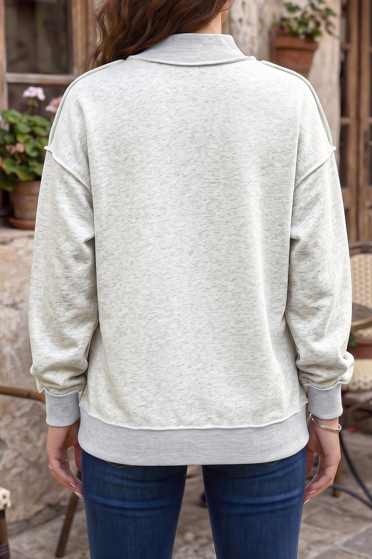 Light Grey JOLLY Letter Graphic Exposed Seam Mock Neck Baggy Sweatshirt