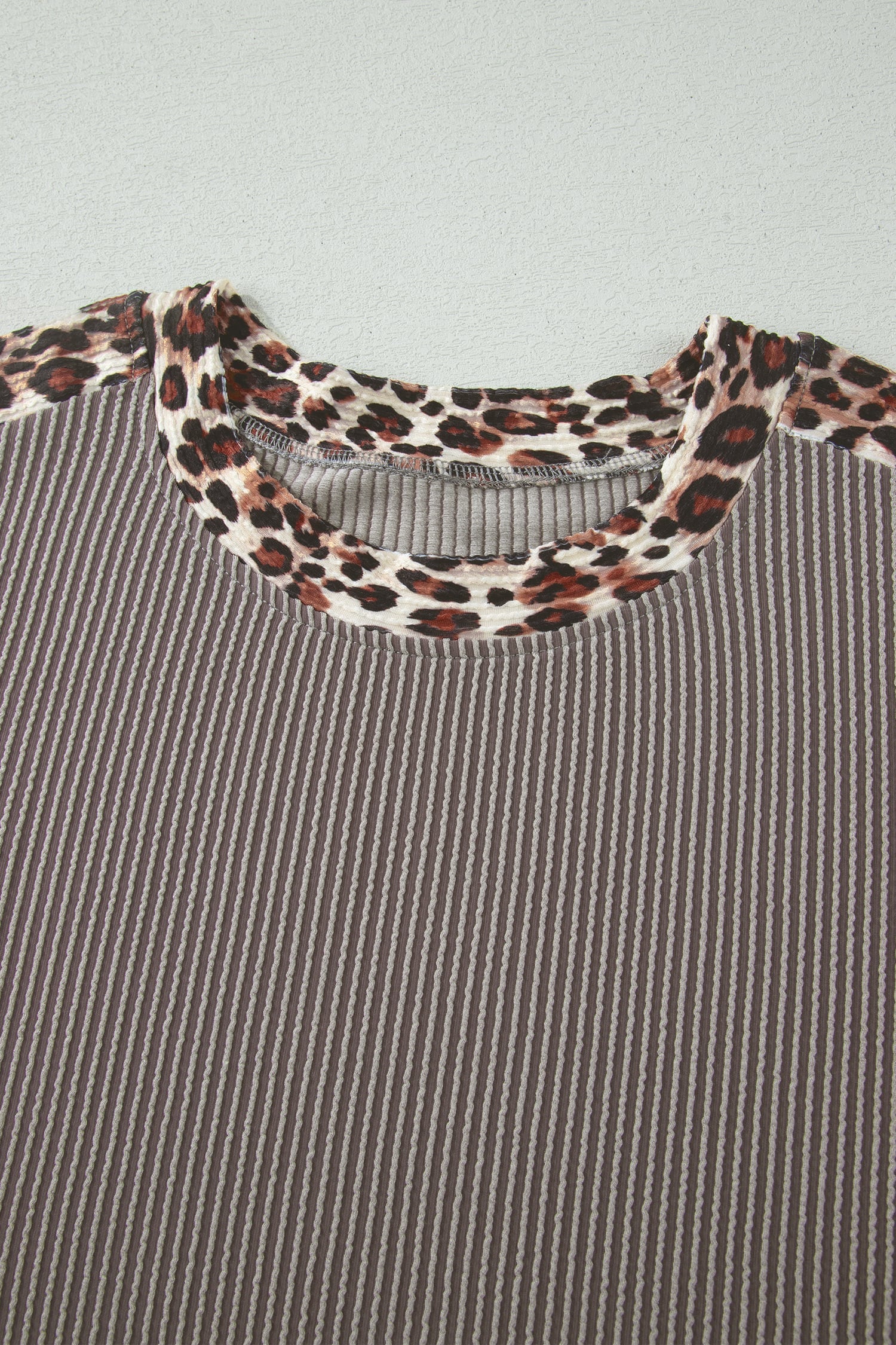 Light Grey Leopard Trim Twist Ribbed Short Set