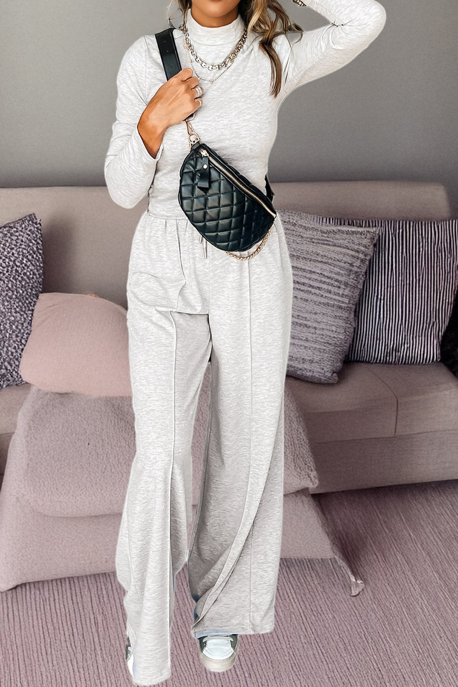Light Grey Long Sleeve High Neck Slim Top Smocked Waist Central Seam Pants Set