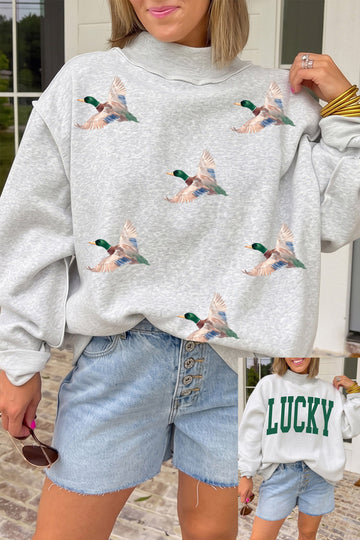 Light Grey Mallard & LUCKY Letter Print Reversible Mock Neck Sweatshirt&